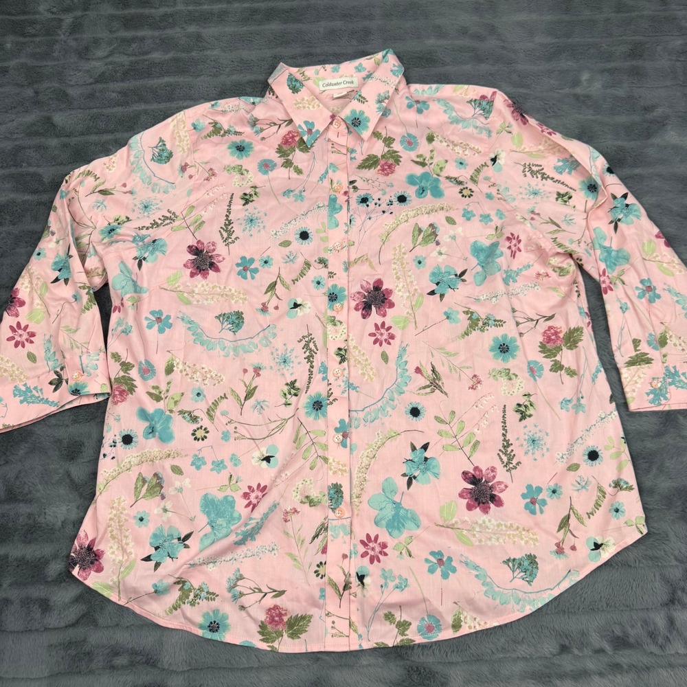 Coldwater Creek Pink Floral Cotton Button Front Blouse 3/4 Sleeve 20W 16064